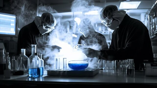 A group of scientists is conducting a variety of fascinating experiments in a mysterious laboratory setting