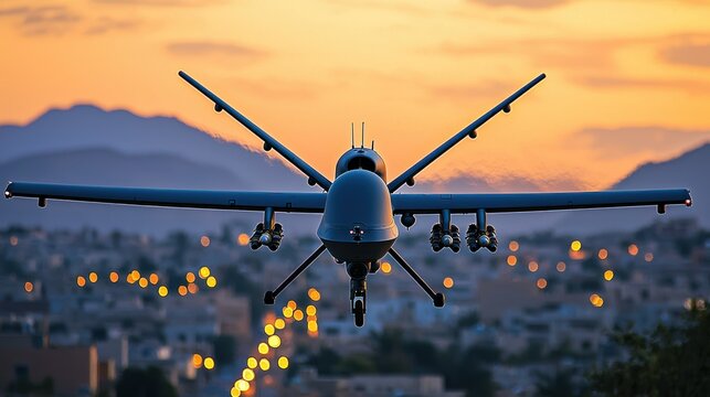 Military drone ascends over a city at twilight against an orange sunset backdrop