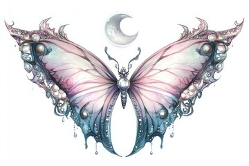 Ornate pearl butterfly moon design, tattoo art, fantasy background