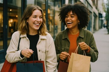 Happy friends shopping together joyfully.