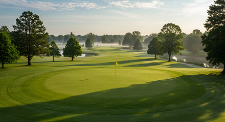 Obraz premium An early morning view of a pristine golf course, showcasing a flag-marked putting green, framed by misty trees and a tranquil pond in the distance.