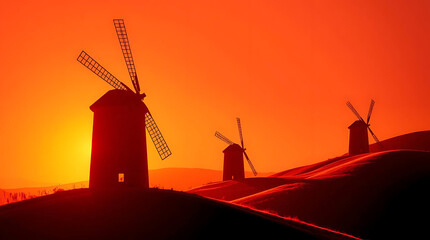 Silhouetted windmills at sunset on hills