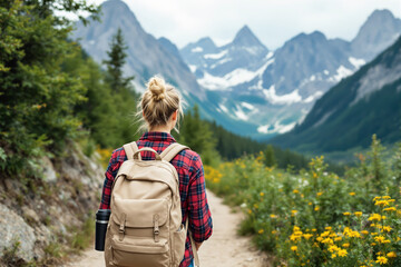 Woman hiking on a forest trail, surrounded by wildflowers and green trees, with majestic mountains in the background. Outdoor adventure concept. Ai generative