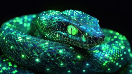 Fototapeta premium Mesmerizing Green Snake with Sparkling Neon Patterns in Darkness