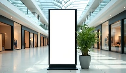 large blank vertical advertising billboard mockup in the middle of a spacious and clean shopping mall, with a potted plant on the right, perfect for showcasing your advertising space