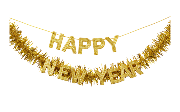 Golden bunting garland with Happy New Year text and glittering stars. Festive party decoration. isolated on transparent background. Winter holiday, New Years Eve web banner, overlay. Vector