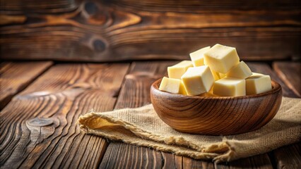 Fresh butter cubes sitting in a charming wooden bowl on a rustic table , country decor