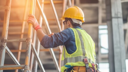 A construction worker setting up scaffolding for a building at a construction site. Featuring strength and safety