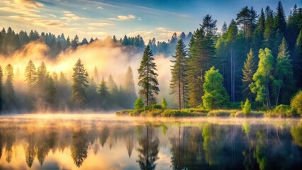Fototapeta premium Forest Mist Morning Scene , landscape, serene, landscape, serene, calm, seclusion, stillness, scenery , solitude, water