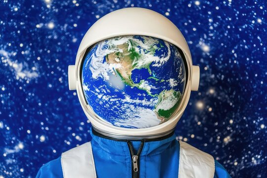 Astronaut helmet displays image of planet Earth