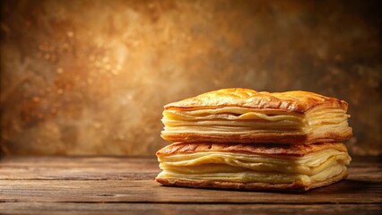 Flaky pastry layered on golden brown background with rich buttery aroma and delicate crumb texture