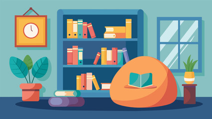 A cozy reading corner complete with bean bags and bookshelves set up in one corner of the classroom.. Vector illustration