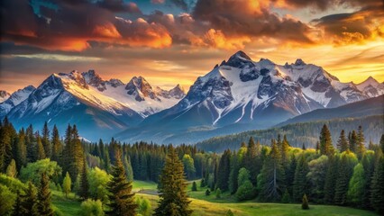Obraz premium A majestic mountain range at sunset, with snow-capped peaks and lush green forests, evoking a sense of awe-inspiring natural beauty and timeless serenity , sustainability, landscape
