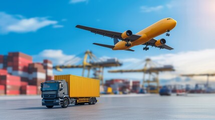 Naklejka premium Heavy duty trucks and shipping container, a glimpse into global logistics transportation