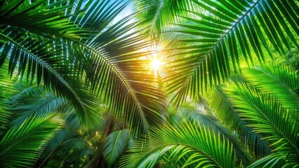 Fototapeta premium Sunny rays peeking through lush green palm tree leaves, casting dappled patterns on the ground, foliage, sunny day
