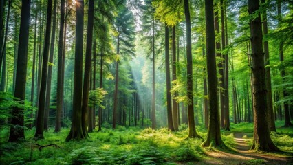 Dense forest with tall trees and underbrush, greenery, canopy,  greenery