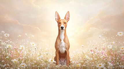 Serene wildlife painting, a majestic dog in field of vibrant wildflowers