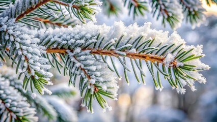 Snow-covered fir branch with pine needles, frozen branches, evergreen trees