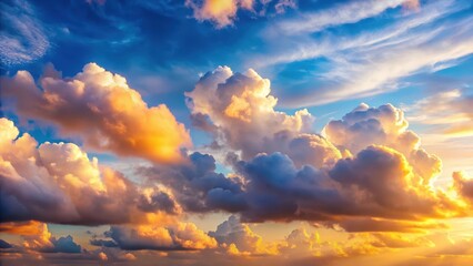 Softly glowing white clouds float gently across the sky at sunset, warm light,