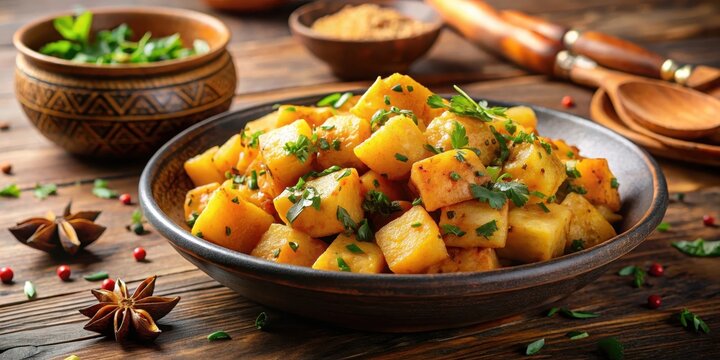 Diced potatoes cooked in a rich flavorful sauce with aromatic spices like cumin and coriander, cooking