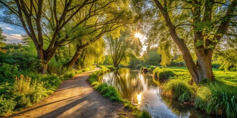 Coppermill Streak Path on a sunny day in Walthamstow Wetlands with golden light filtering through the trees, golden light, nature trail