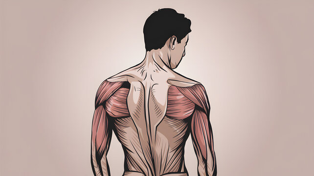 Anatomical illustration of a male figure showcasing muscle structure from the back, with a neutral background