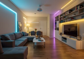 Modern Interior Design Living Room with LED Lighting, Bookshelves, Sofa, TV, Coffee Table, Home Decor.