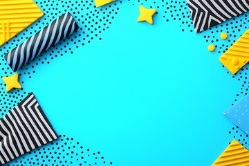 Vibrant playful background of patterned shapes on a turquoise field