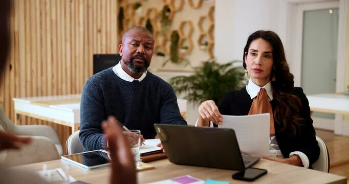 Business people, job interview and meeting for recruitment, listening and questions. Hiring, employees and manager with candidate, cv and contract with negotiations for salary, onboarding or bored