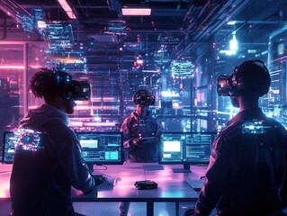 Obraz premium A professional team collaborates in virtual reality, surrounded by floating holographic screens. Neon reflections and high-tech ambiance create a futuristic workspace.