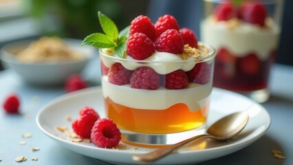 Layered Raspberry Dessert with Creamy Yogurt and Honey Jelly in a Glass