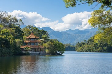 Obraz premium A serene view of a Chinese pagoda by the water with surrounding