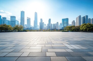 Modern Cityscape View From Paved Terrace on a Sunny Day