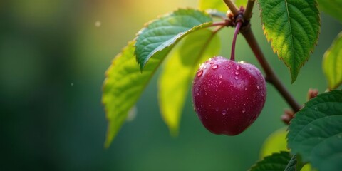 Obraz premium A single, dew-kissed crimson fruit hangs delicately from a vibrant green branch, bathed in the soft glow of morning sunlight, a picturesque scene of natural beauty and freshness.