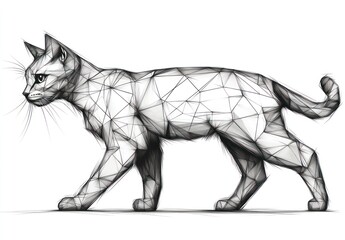 Fototapeta premium Geometric cat walking, white background, polygonal art, pet design