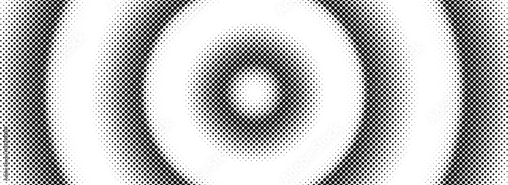 Poster Halftone circle background. Radial comic target texture. Black and white dotted circular gradient. Fading rough dot epicenter wallpaper concept. Vector grungy concentric pop art gradation backdrop