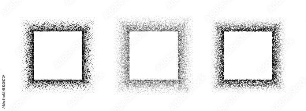 Poster Black stippled square frame set. Dotted gradient border collection. Rectangle picture holders for banner template, copy space, collage, emblem, poster, box. Vector stipple frame element bundle