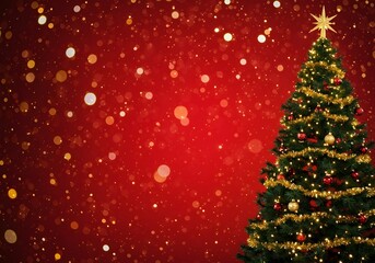 Festive Christmas Tree Background with Golden Glitter Bokeh and Red Backdrop - Holiday Decor