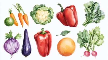 Vibrant Vegetable Variety: A colorful watercolor arrangement showcasing a variety of fresh, healthy vegetables, evoking feelings of freshness and natural goodness.