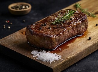Grilled Steak with Rosemary and Salt on Wooden Cutting Board