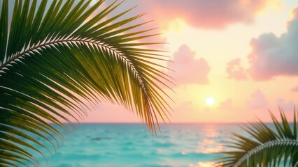 Serene Tropical Sunset Palm Fronds Frame a Peaceful Ocean View at Dawn