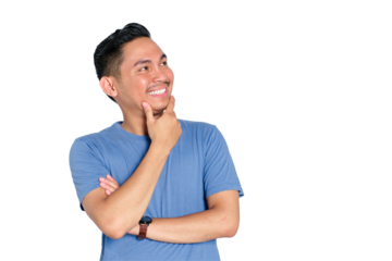 Smiling young Asian man touching chin while looking up with thoughtful expression, decision making, isolated on transparent background