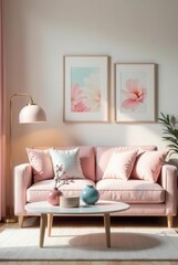 Serene Living Room Interior Design with Pale Pink Sofa, Decorated with Floral Artwork and Soft Accessories