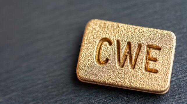 Golden Badge with CWE Letters on Dark Wooden Surface Background