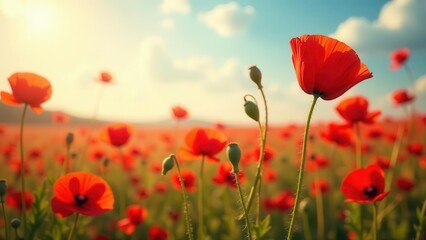 Obraz premium Vibrant Red Poppies in a Sunlit Field, a Breathtaking Natural Scene of Summer Blooms
