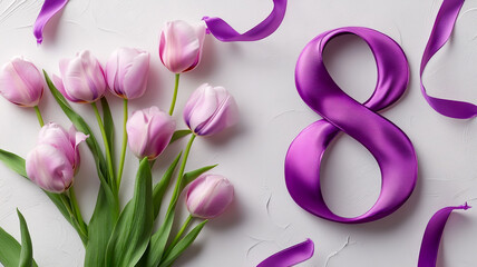 Fototapeta premium Chic Number 8 Embellished with a Violet Ribbon and Graceful Tulips on a Delicate Background for International Women's Day Celebrations, Featuring Feminine Elegance and Spring Blooms