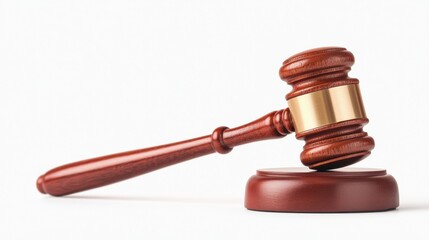 Dark Brown Wooden Gavel with Gold Band on White Background