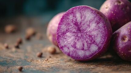 Purple potatoes halved, revealing white and purple flesh, on rustic wooden surface