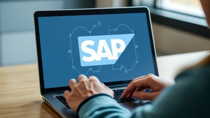 Person using laptop displaying SAP software interface for business data analysis