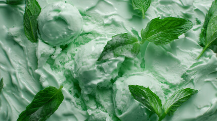 Mint ice cream with fresh mint in light green color. 